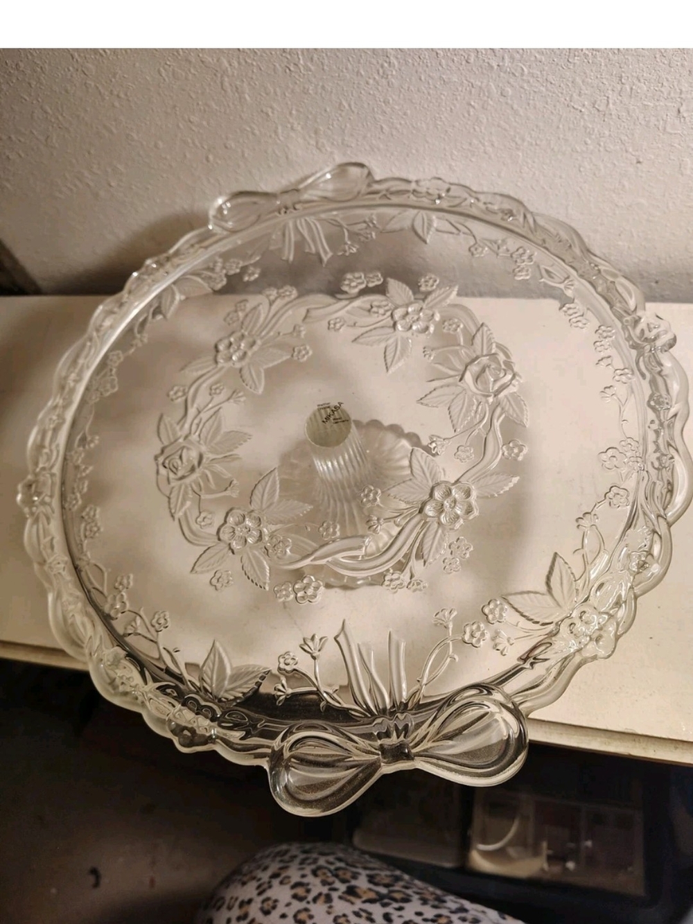 Clear Glass Pedestal Cake Stand with Floral Pattern